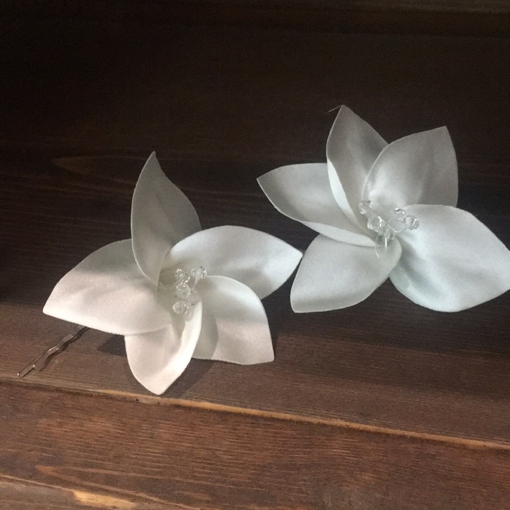 Fabric bridal hibiscus flower hair pins with Swarovski crystals